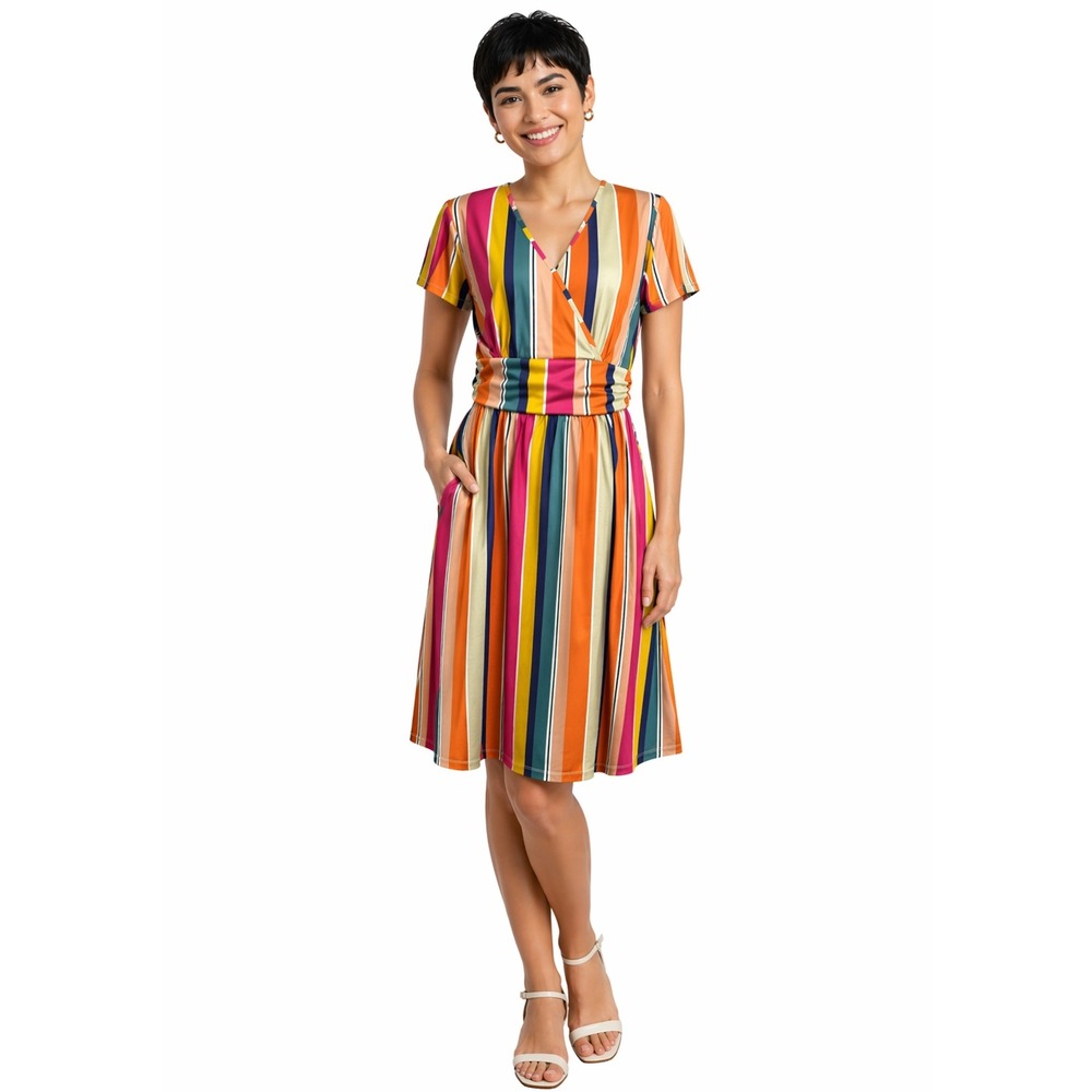 OUGES Striped Wrap Dress Womens Medium Multicolor Excellent Pockets V-Neck